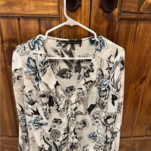 White House Black Market Floral Ruffle Blouse - Black and Blue